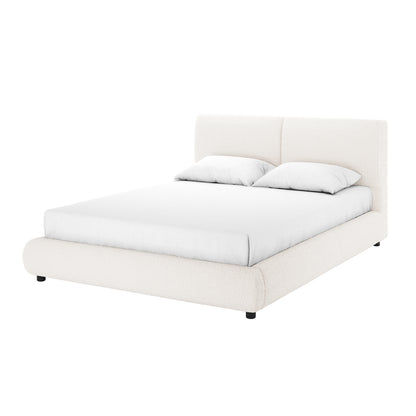 Stacy Queen Boucle Bed - Cream White with Thalia Mattress features a plush, padded headboard wrapped in luxurious boucle fabric, set on a white bedding ensemble, epitomizing modern elegance and comfort.