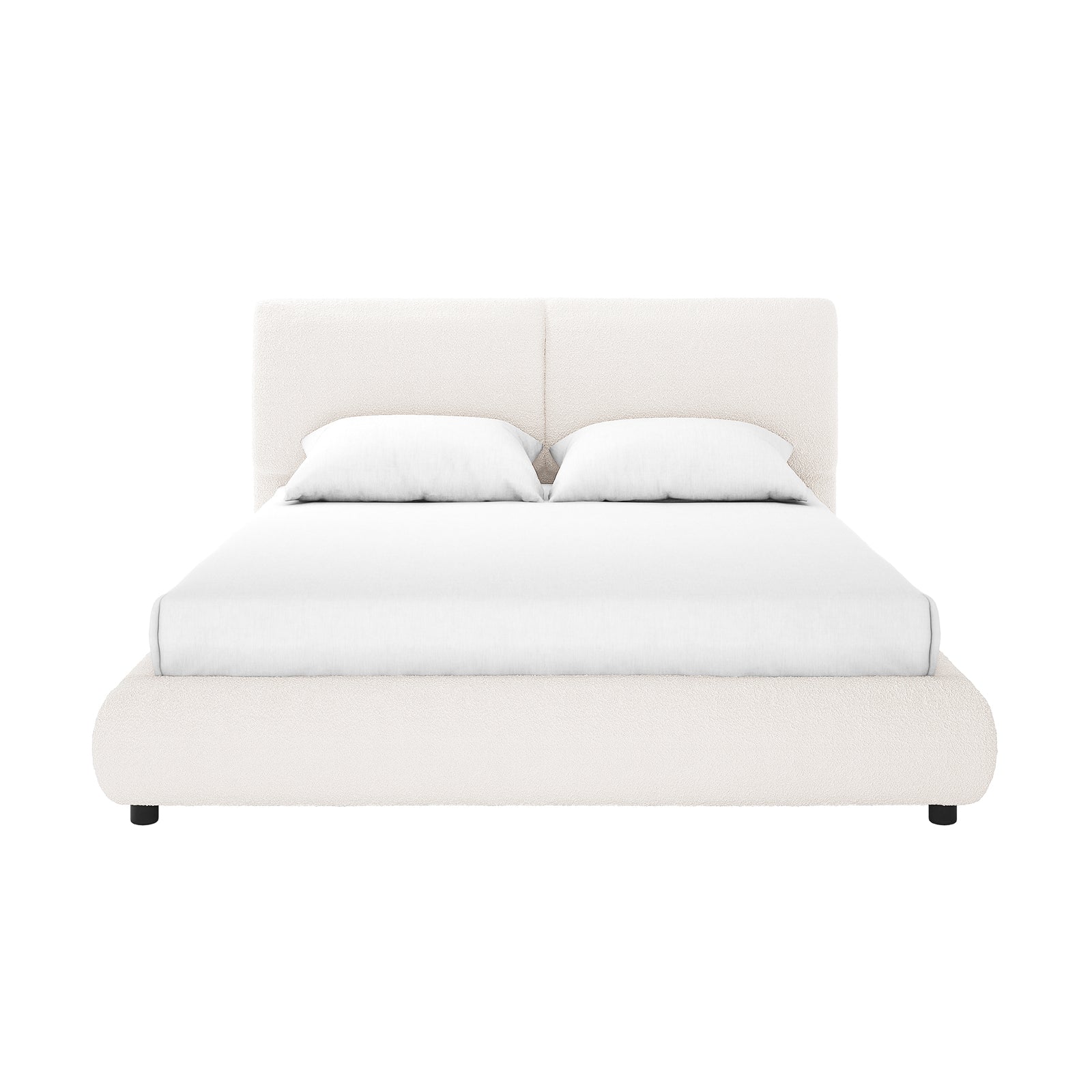 Stacy Queen Boucle Bed - Cream White with Thalia Mattress, featuring a soft, plush headboard and elegant boucle fabric, shown in a close-up with coordinating white pillows for a luxurious bedroom look.