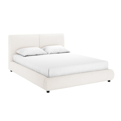 Stacy Queen Boucle Bed - Cream White with Thalia Mattress, showcasing plush boucle fabric and padded headboard, set on a solid frame, highlighting its luxurious texture and modern design.