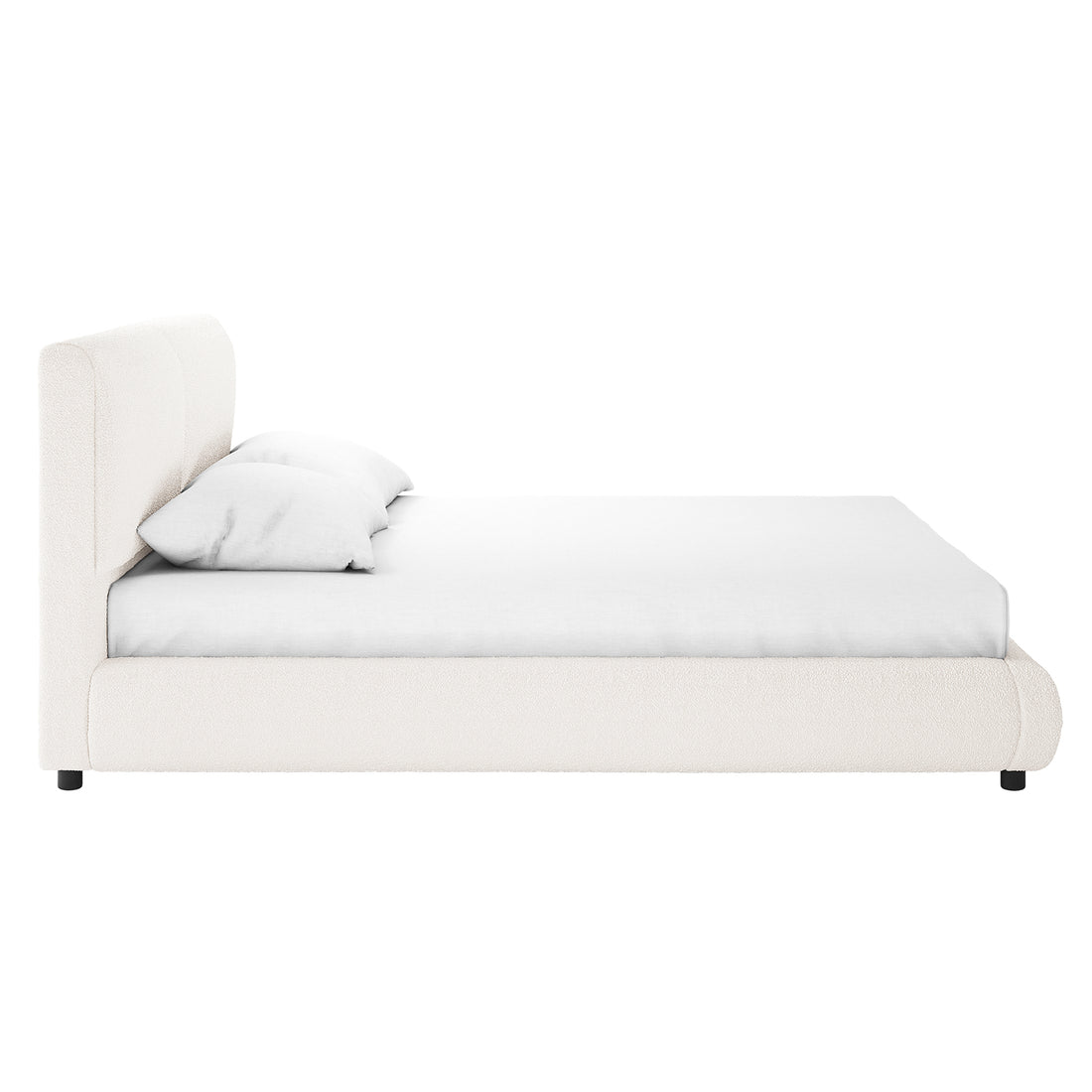 Stacy Queen Boucle Bed - Cream White with Thalia Mattress, featuring luxurious boucle fabric and a plush, padded headboard on a sturdy wood frame, creating an elegant and comfortable bedroom centerpiece.