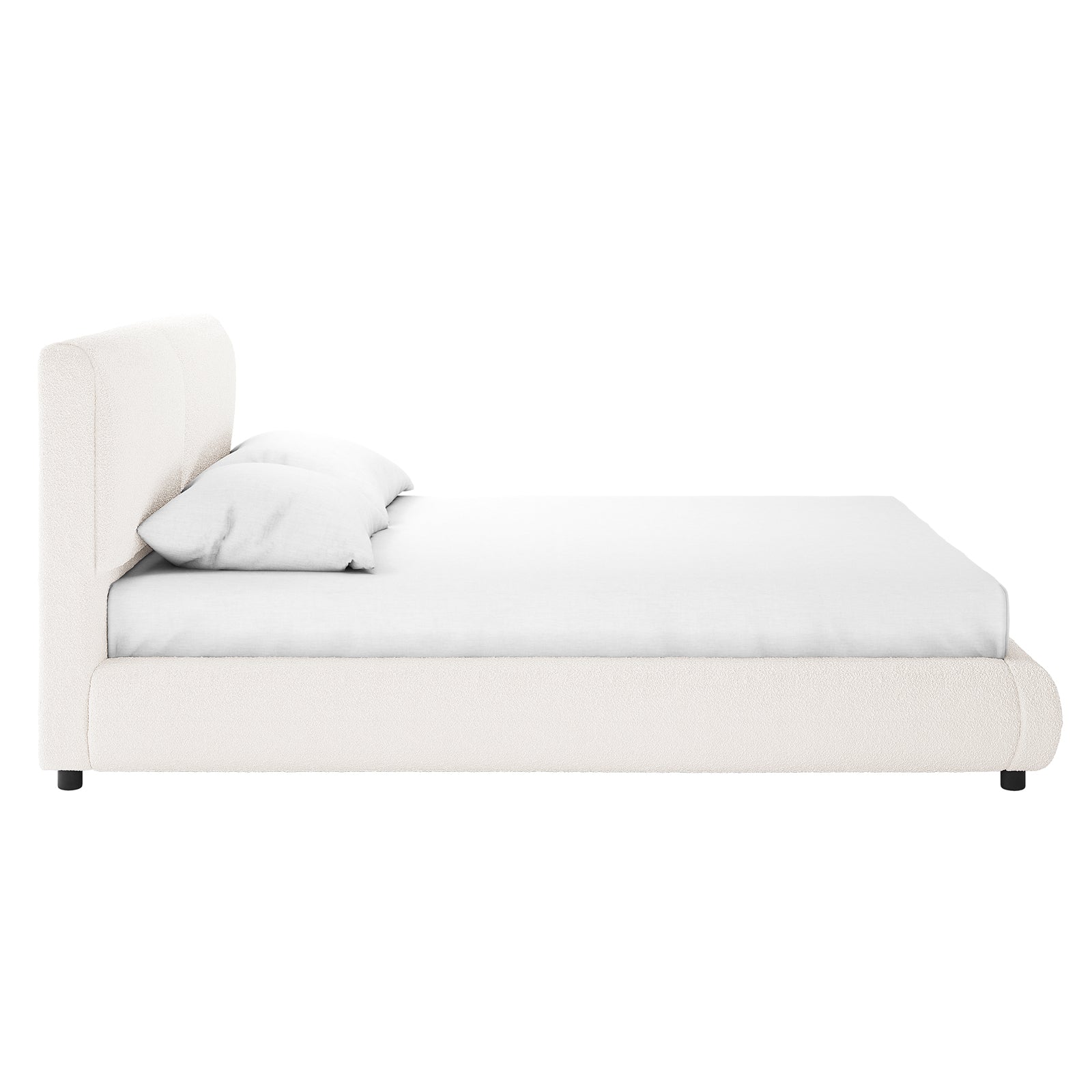 Stacy Queen Boucle Bed - Cream White with Thalia Mattress, featuring luxurious boucle fabric and a plush, padded headboard on a sturdy wood frame, creating an elegant and comfortable bedroom centerpiece.