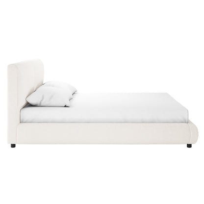 Stacy Queen Boucle Bed - Cream White with Thalia Mattress, featuring luxurious boucle fabric and a plush, padded headboard on a sturdy wood frame, creating an elegant and comfortable bedroom centerpiece.