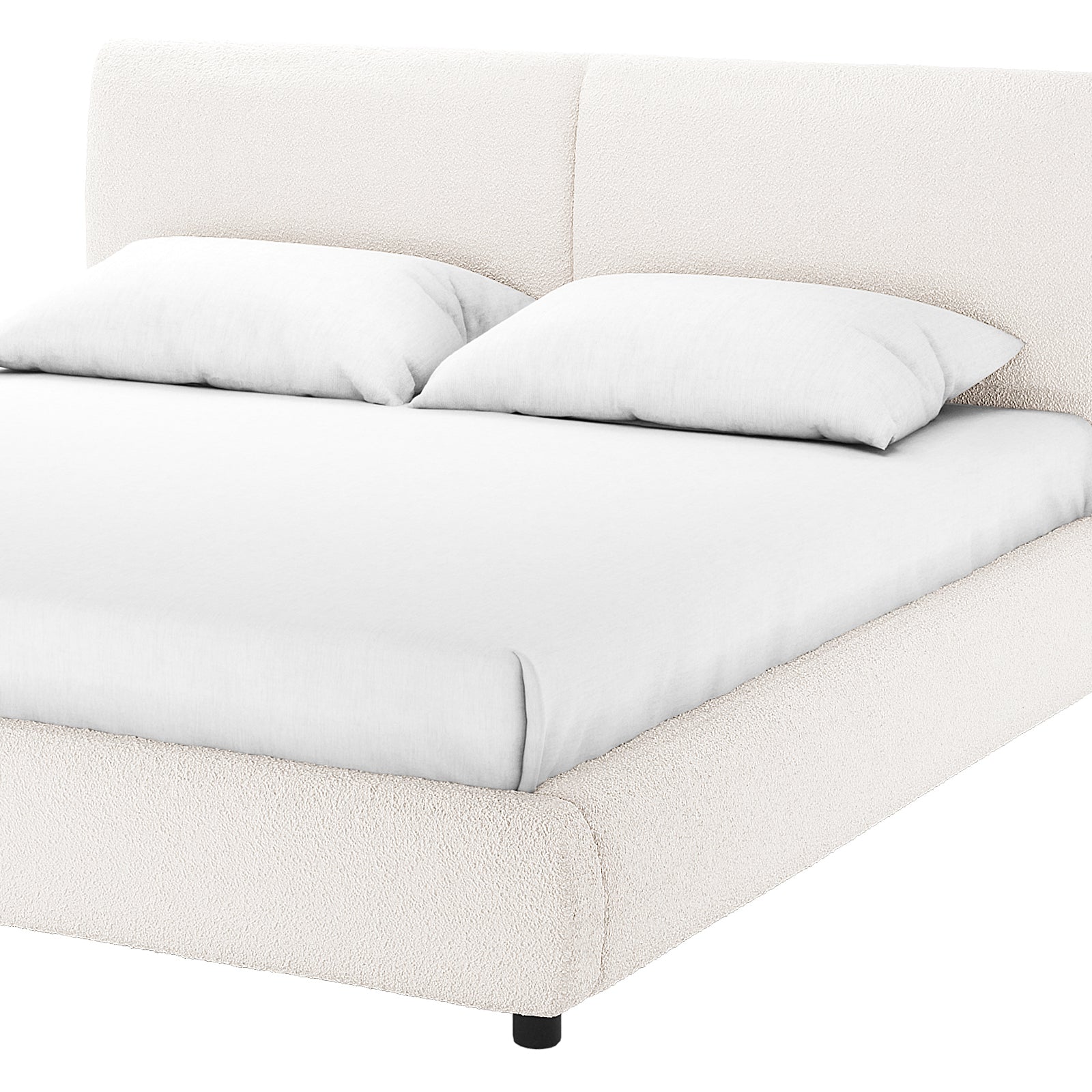 Stacy Queen Boucle Bed - Cream White with Thalia Mattress, featuring a plush, padded headboard and luxurious boucle fabric, elegantly displayed on a well-dressed bed, highlighting its sophisticated and modern design.