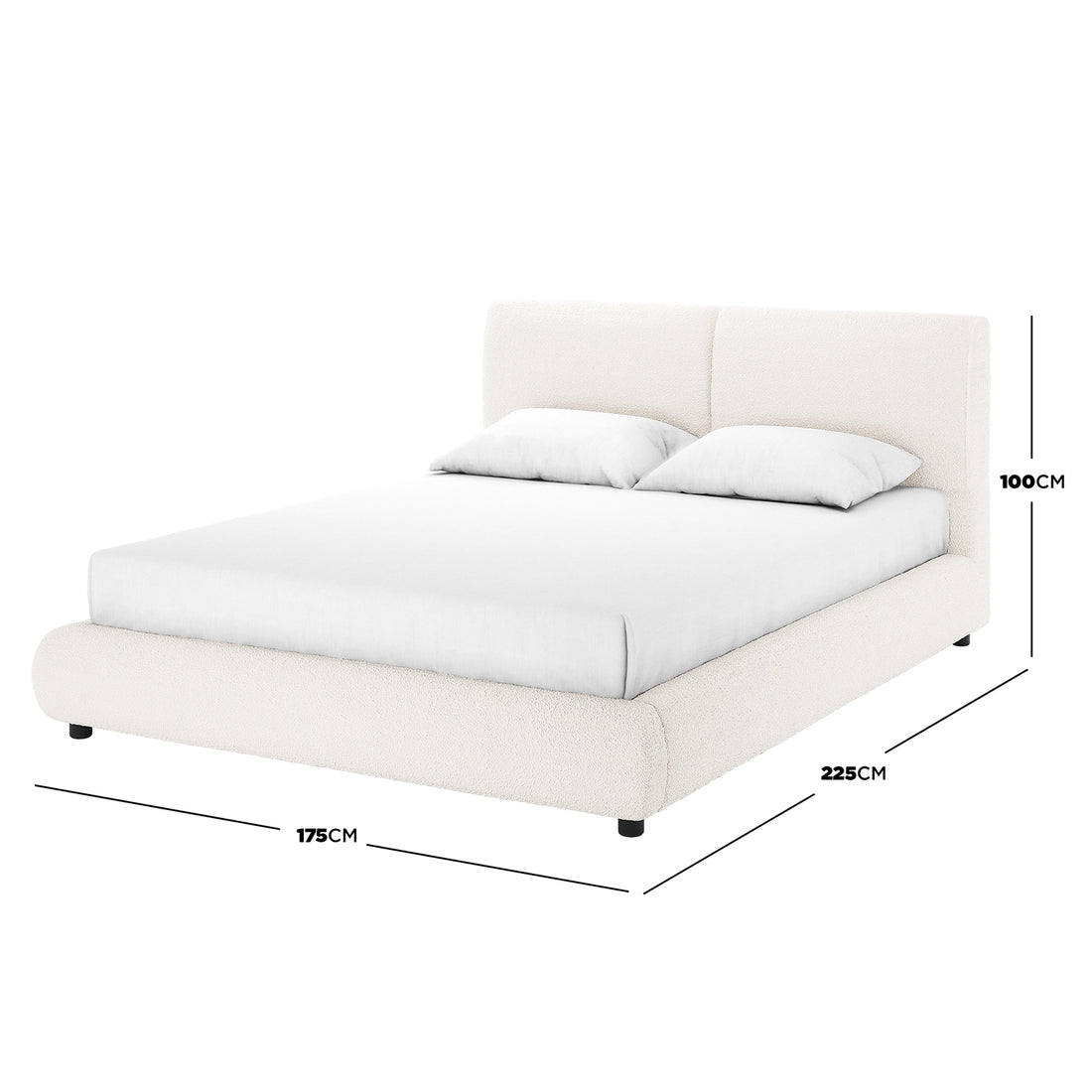 Stacy Queen Boucle Bed in cream white, featuring a plush, padded headboard with luxurious boucle fabric, displayed with a Thalia Mattress on a solid wood frame for modern elegance and comfort.