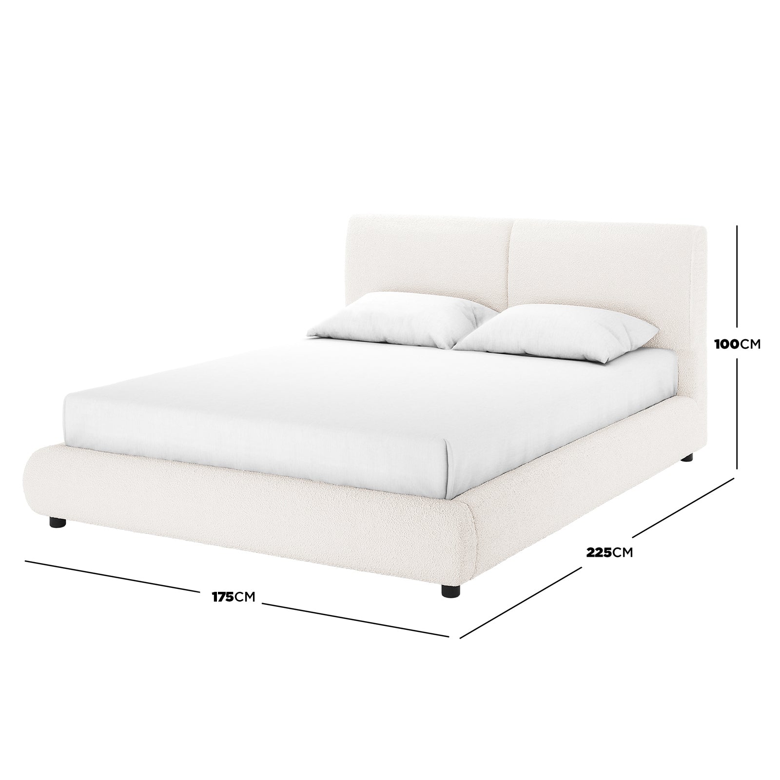 Stacy Queen Boucle Bed in cream white, featuring a plush, padded headboard with luxurious boucle fabric, displayed with a Thalia Mattress on a solid wood frame for modern elegance and comfort.