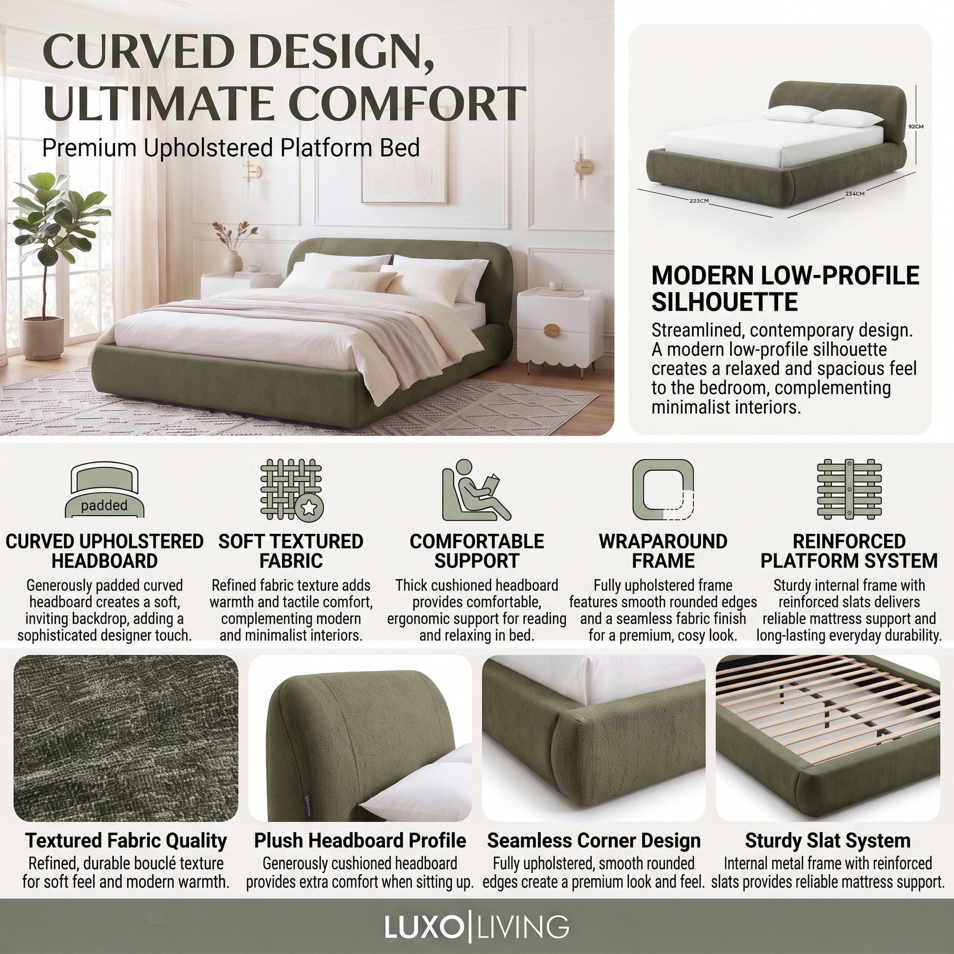 A product feature infographic for the Premium Upholstered Platform Bed in green, highlighting its curved upholstered headboard, soft textured fabric, comfortable support, wraparound frame, and reinforced platform system.