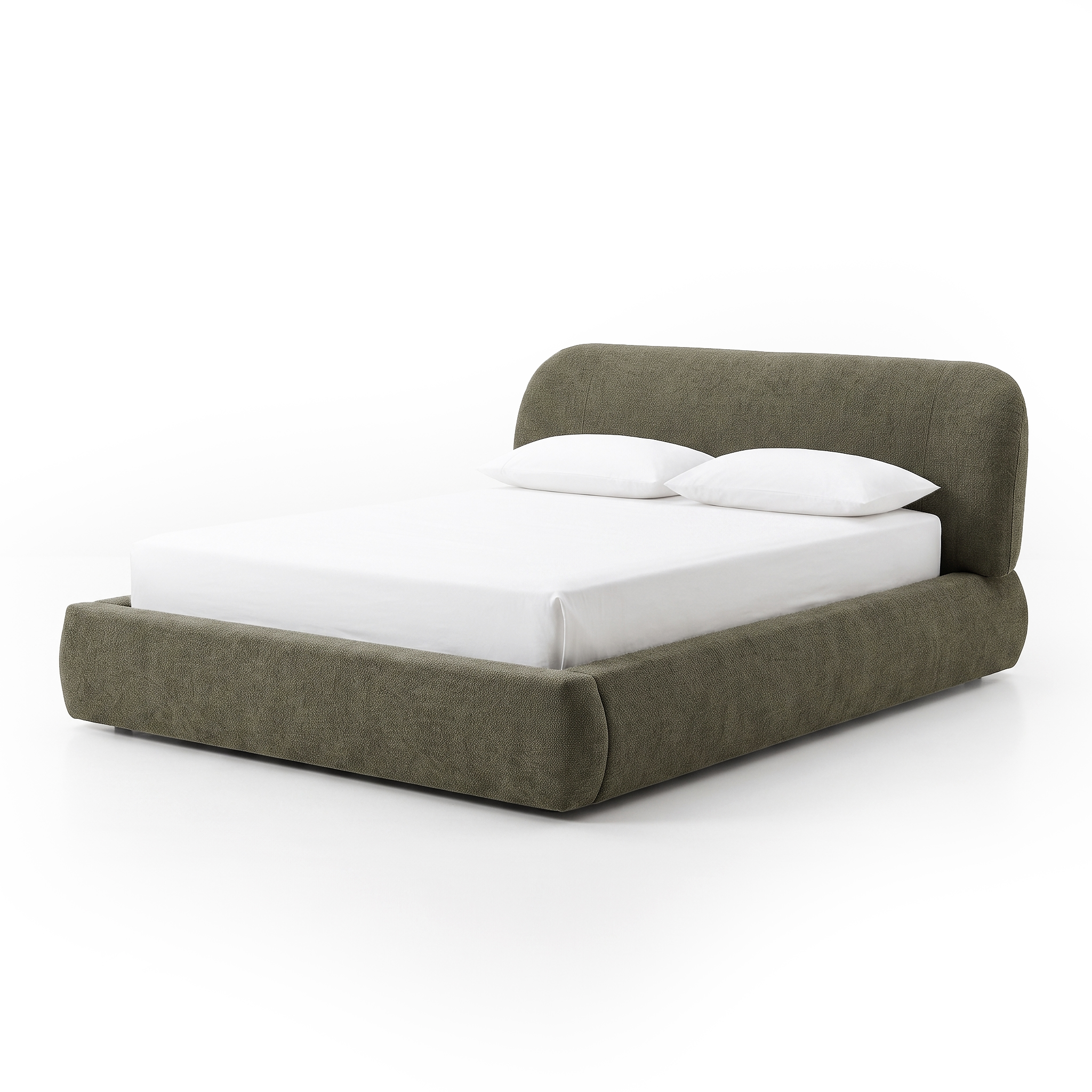 Modern upholstered bed with mattress and pillows on a white background