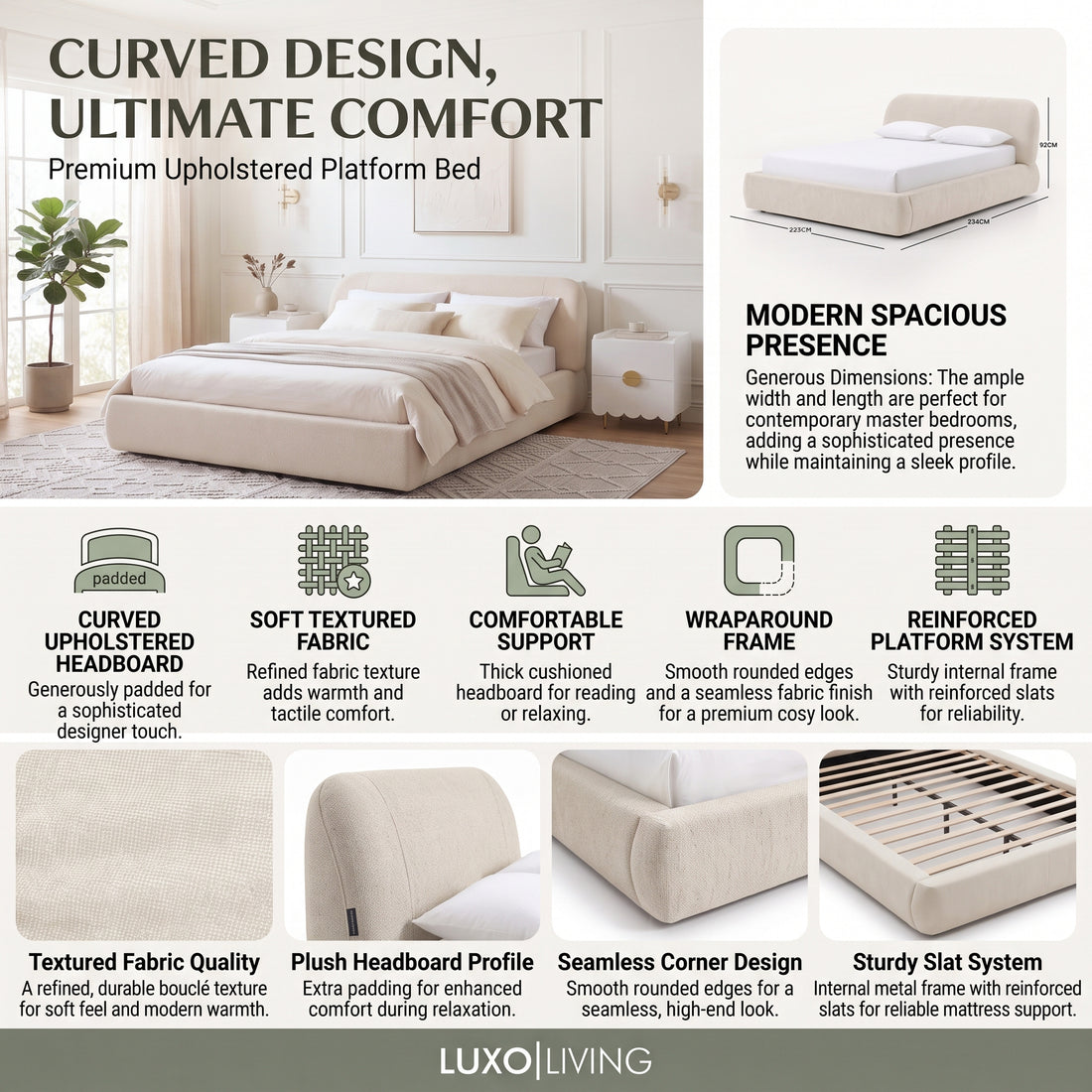 A product feature infographic for the Premium Upholstered Platform Bed in green, highlighting its curved upholstered headboard, soft textured fabric, comfortable support, wraparound frame, and reinforced platform system.