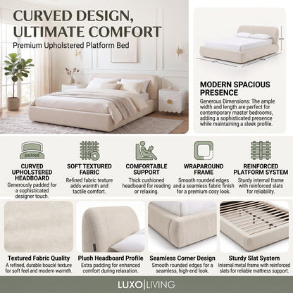 A product feature infographic for the Premium Upholstered Platform Bed in green, highlighting its curved upholstered headboard, soft textured fabric, comfortable support, wraparound frame, and reinforced platform system.