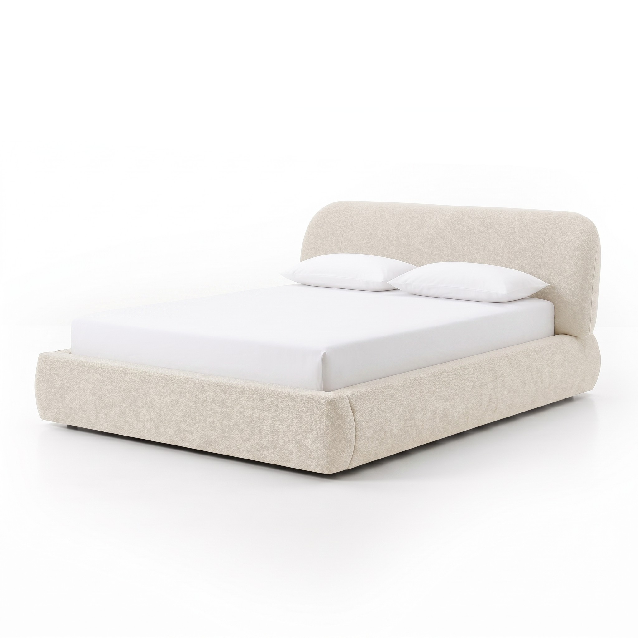 Modern upholstered bed shown fully on a white background with pillows and bedding
