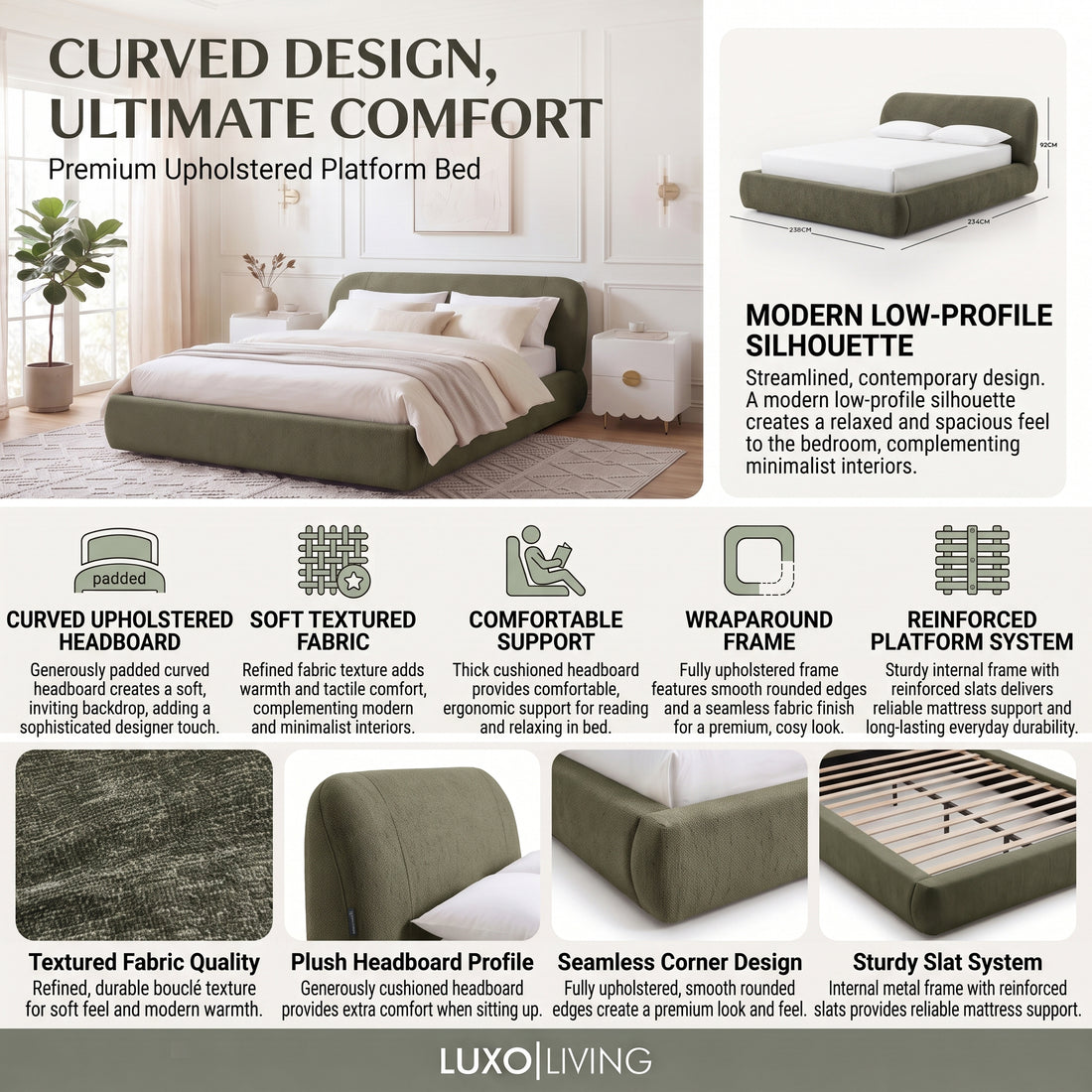 A product feature infographic for the Premium Upholstered Platform Bed in green, highlighting its curved upholstered headboard, soft textured fabric, comfortable support, wraparound frame, and reinforced platform system.