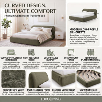 A product feature infographic for the Premium Upholstered Platform Bed in green, highlighting its curved upholstered headboard, soft textured fabric, comfortable support, wraparound frame, and reinforced platform system.