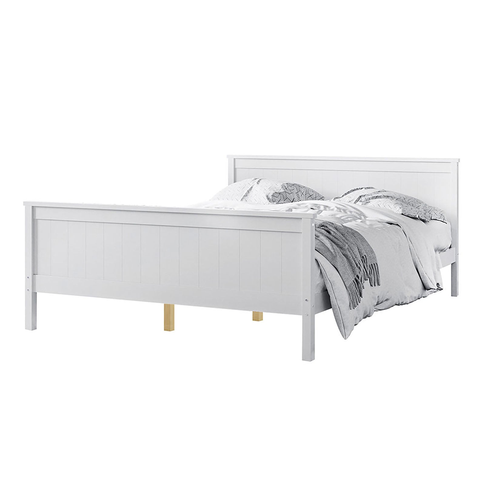 Tertia Solid Pine Timber Bed Frame Double, showcasing a close-up of its sturdy construction with a white headboard, highlighting its robust pine timber build and engineered wooden slats for support.