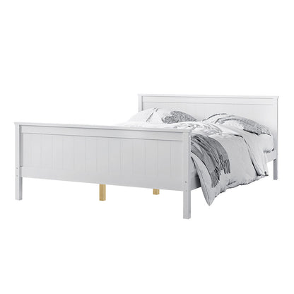 Tertia Solid Pine Timber Bed Frame Double, showcasing a close-up of its sturdy construction with a white headboard, highlighting its robust pine timber build and engineered wooden slats for support.