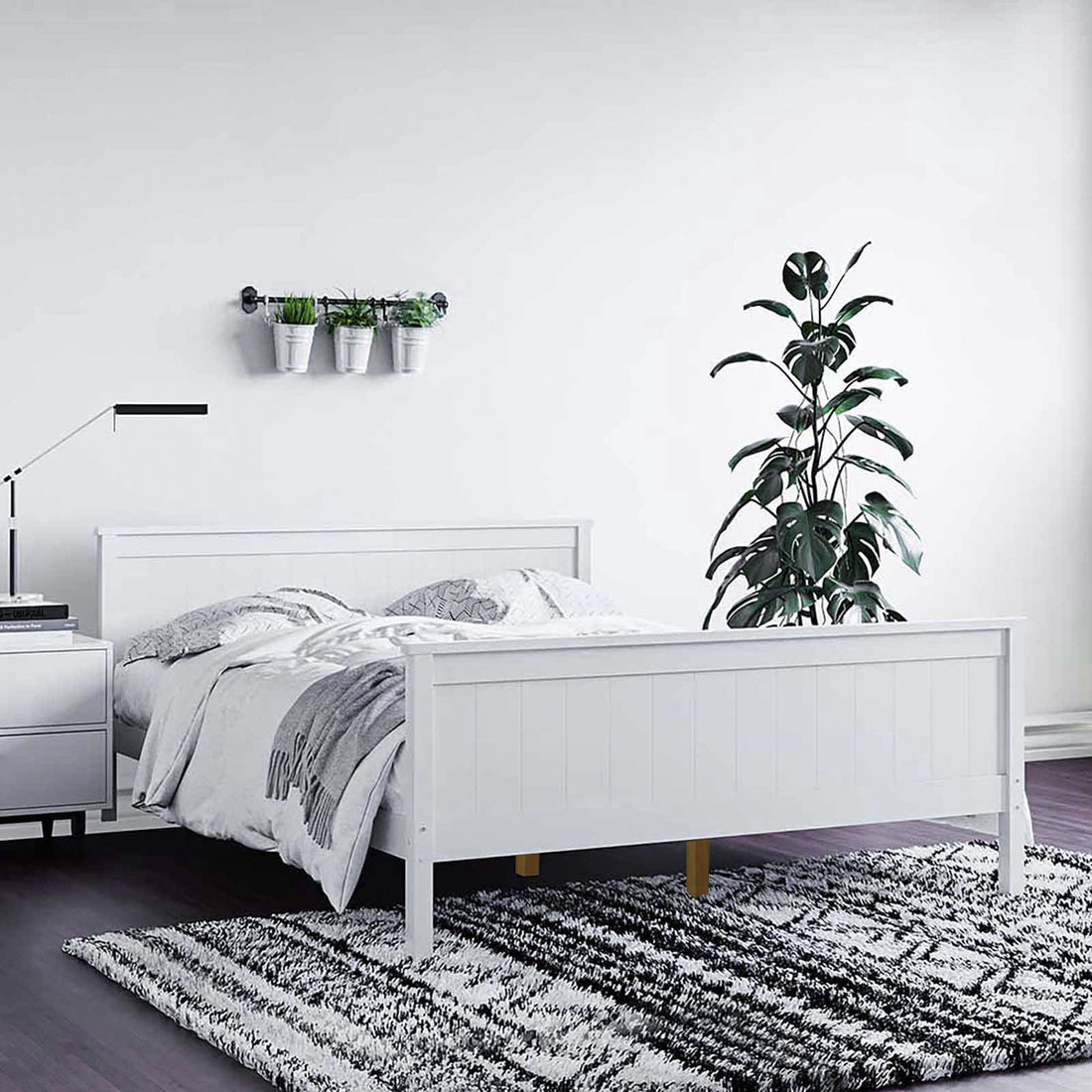 Tertia Solid Pine Timber Bed Frame Double, showcasing sturdy construction with solid pine timber, visible engineered wooden slats, and robust center support for stability. Ideal for enhancing bedroom design with elegance.