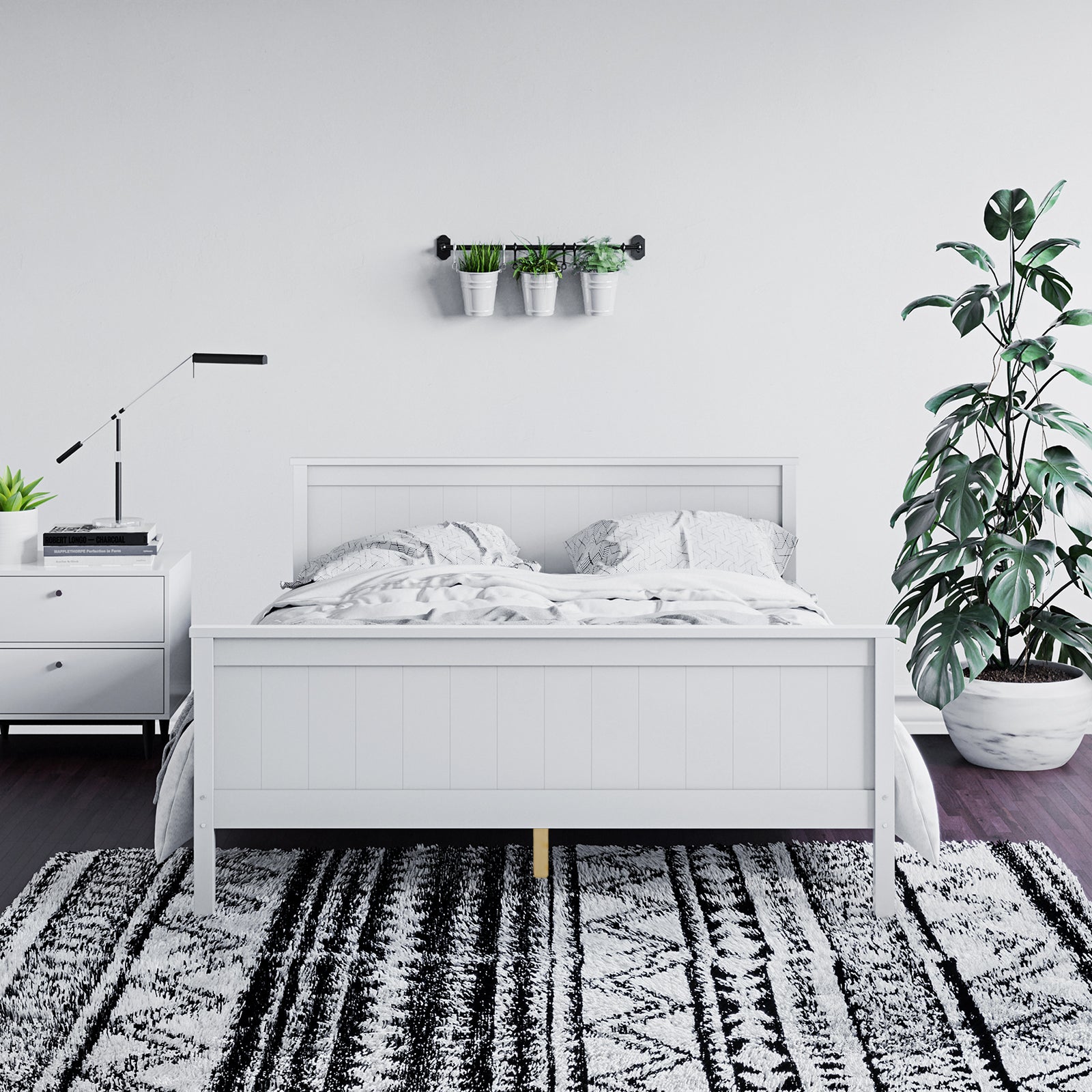 Tertia Solid Pine Timber Bed Frame Double in a bedroom setting, featuring a robust wooden structure with engineered slats, showcasing its durability and elegant design against an indoor backdrop with houseplants.
