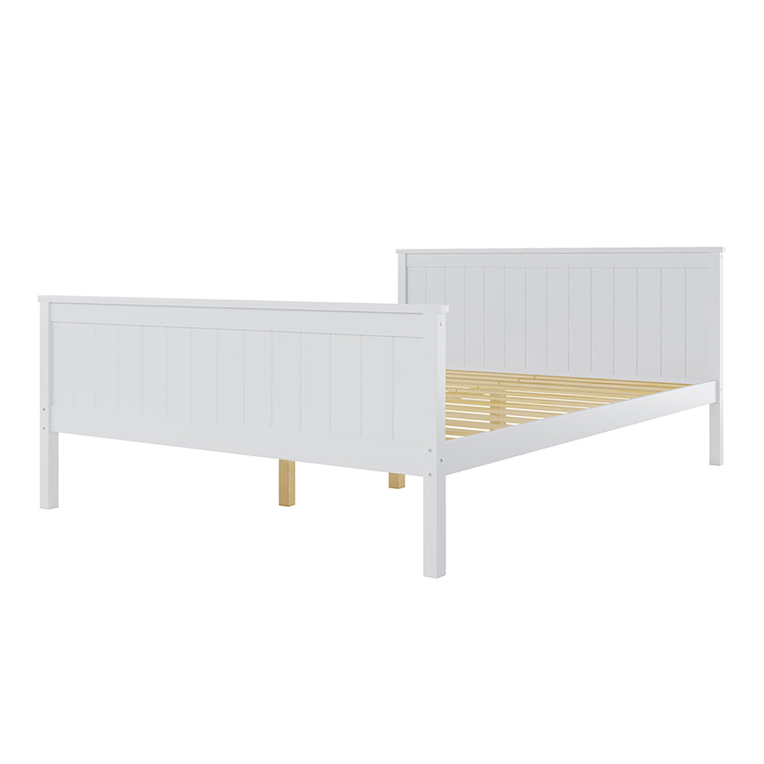 Tertia Solid Pine Timber Bed Frame Double showcases a sleek white frame with wooden slats and a white headboard supported by wooden legs, offering a sturdy and stylish foundation for your mattress.