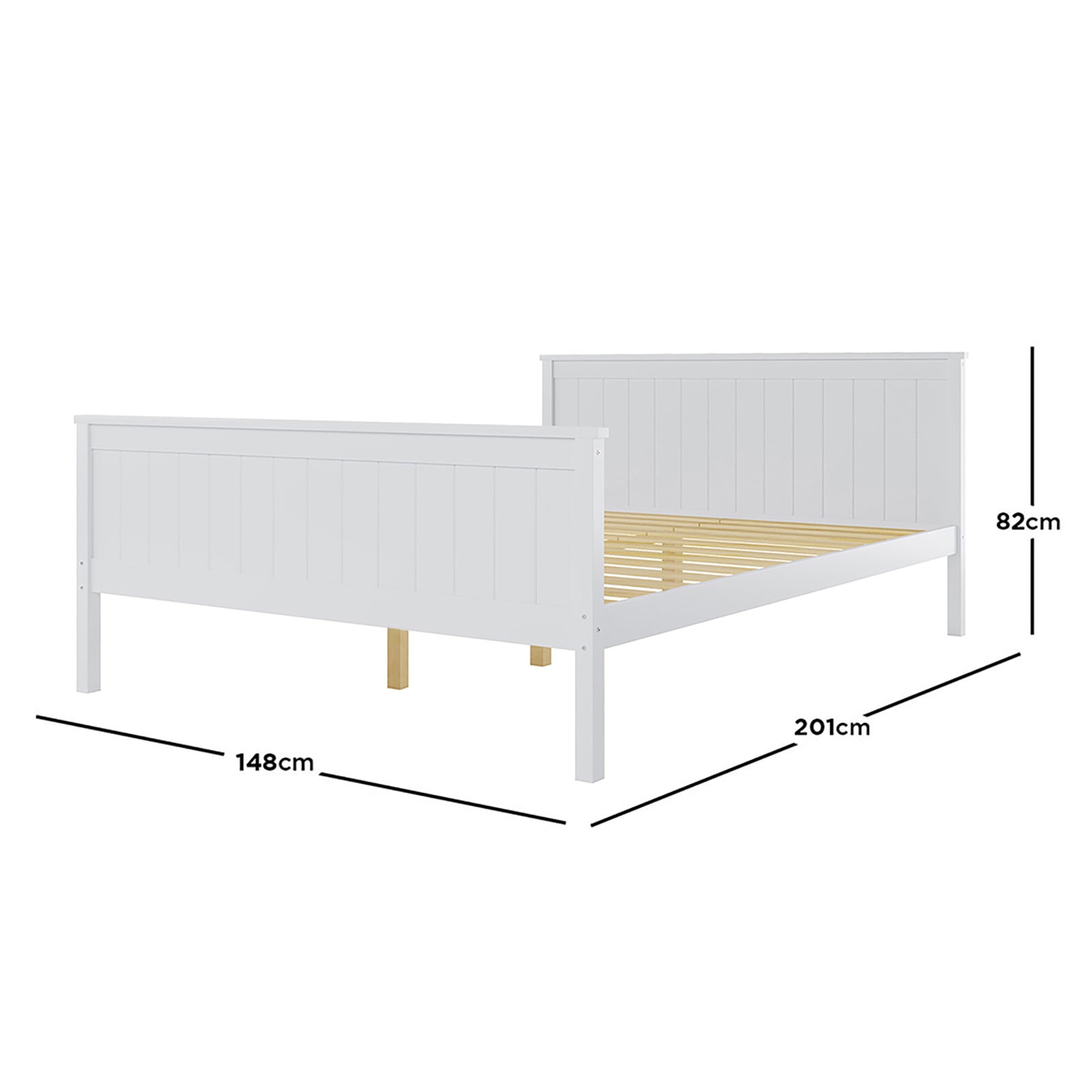 Tertia Solid Pine Timber Bed Frame Double with white finish, featuring a solid pine structure, wooden slats, and a sturdy headboard. Perfect for enhancing bedroom style and support.