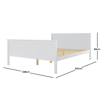 Tertia Solid Pine Timber Bed Frame Double with white finish, featuring a solid pine structure, wooden slats, and a sturdy headboard. Perfect for enhancing bedroom style and support.