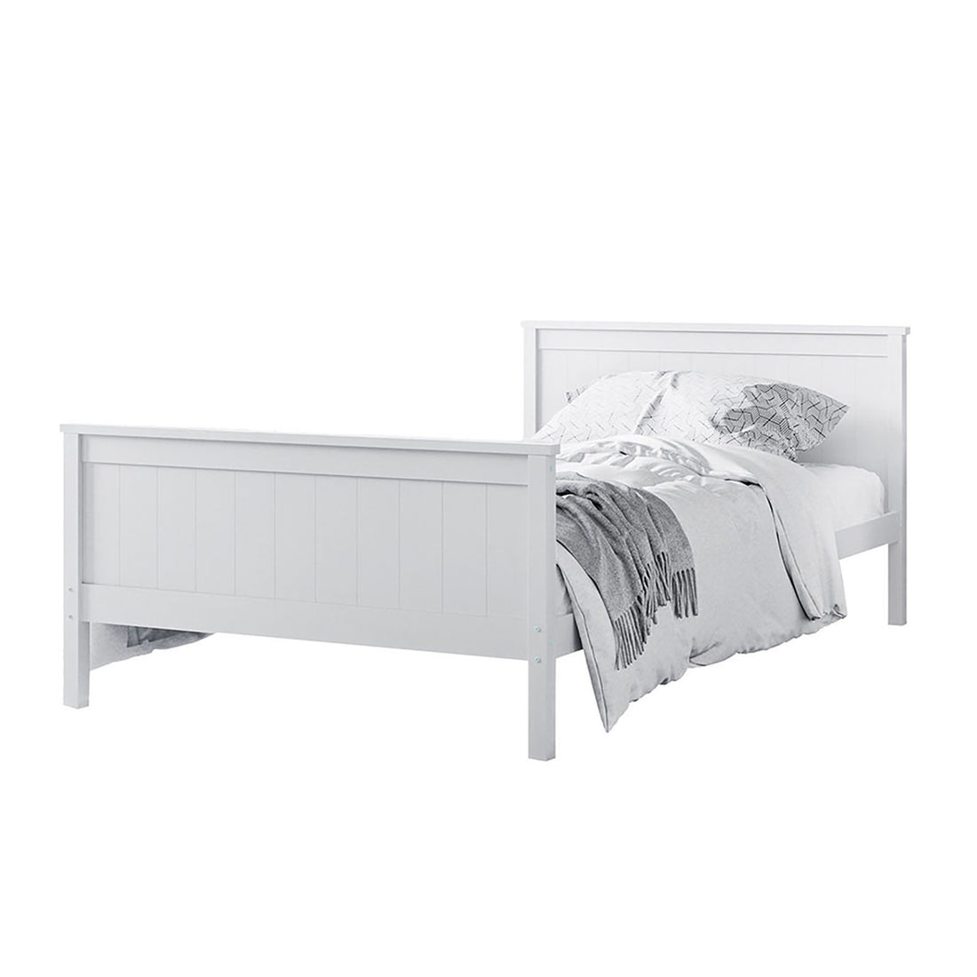 Tertia Solid Pine Timber Bed Frame King Single shown with a blanket on a white bed, highlighting its sturdy pine timber construction and engineered wooden slats for excellent mattress support.