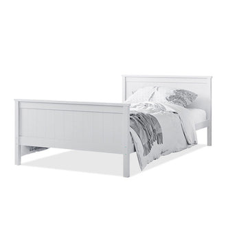 Tertia Solid Pine Timber Bed Frame King Single, showcased with a blanket on a white bed, highlighting sturdy construction and engineered wooden slats for enhanced bedroom support.