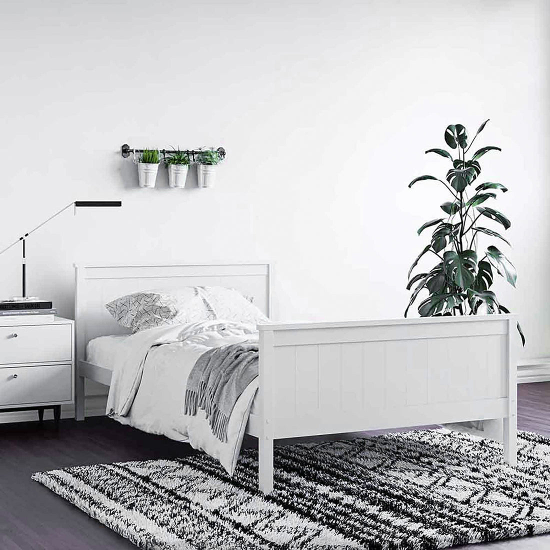 Close-up of the Tertia Solid Pine Timber Bed Frame King Single, showcasing its solid pine construction and sturdy engineered wood slats, highlighting the bed frame's robust design and quality craftsmanship.