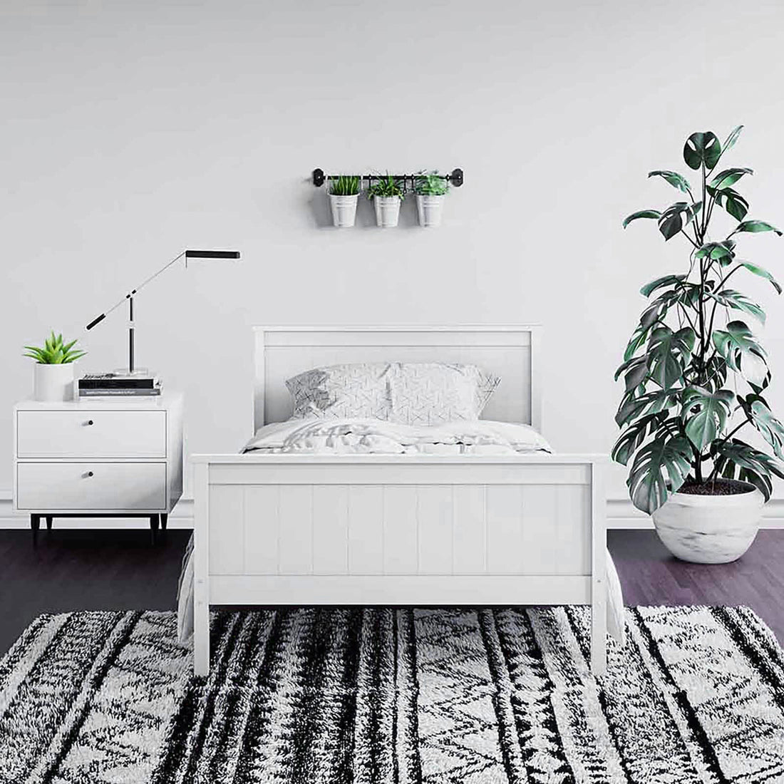 Tertia Solid Pine Timber Bed Frame King Single, showcasing solid construction with engineered wooden slats. Featured in a stylish, modern bedroom setting, emphasizing its robust design and suitability for restful sleep.