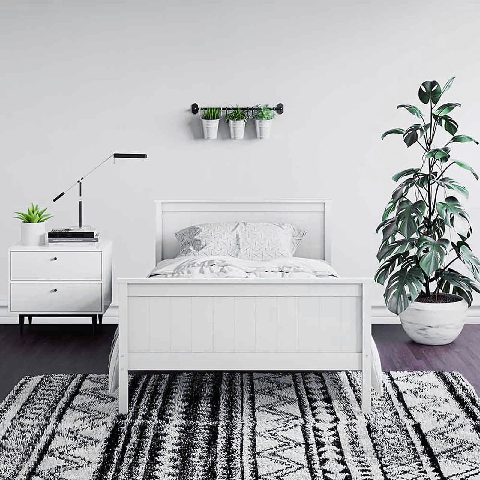 Tertia Solid Pine Timber Bed Frame King Single, showcasing solid construction with engineered wooden slats. Featured in a stylish, modern bedroom setting, emphasizing its robust design and suitability for restful sleep.