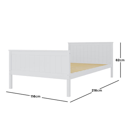 Tertia Solid Pine Timber Bed Frame King Single; features a white frame with sturdy wood slats, highlighting its robust construction and contemporary design, perfect for enhancing bedroom comfort and style.