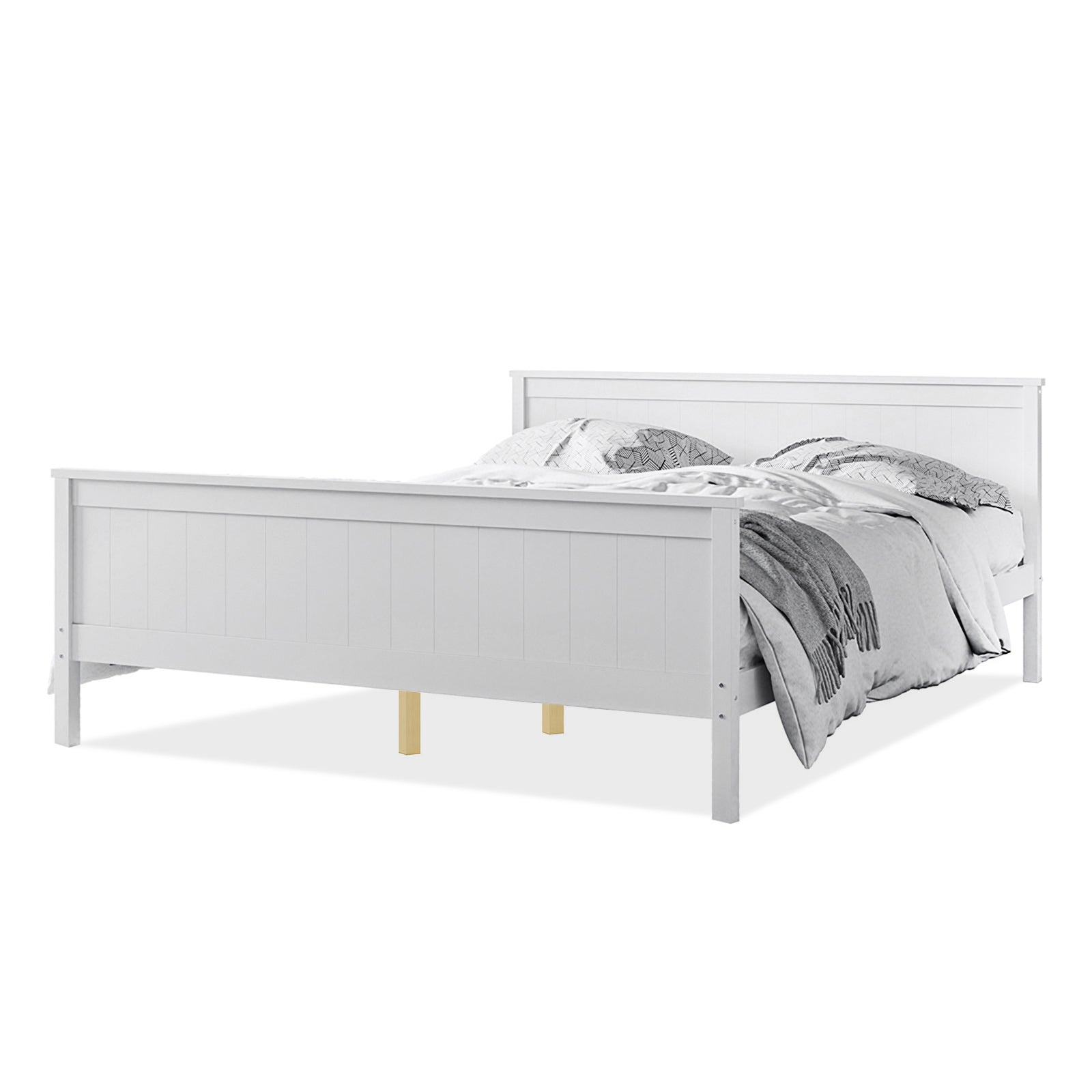 Tertia Solid Pine Timber Bed Frame Queen shown close-up with a pillow and blanket, highlighting its sturdy solid pine construction and engineered wooden slats for optimal support and durability.
