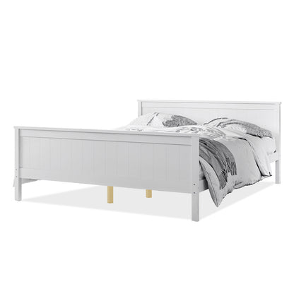 Tertia Solid Pine Timber Bed Frame Queen shown close-up with a pillow and blanket, highlighting its sturdy solid pine construction and engineered wooden slats for optimal support and durability.