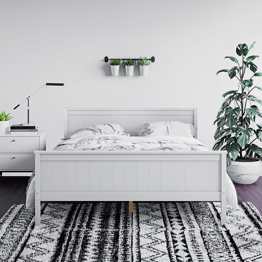 Tertia Solid Pine Timber Bed Frame Queen in a cozy bedroom setting, highlighted by its sturdy solid pine construction and elegant design, framed by pillows and interior decor elements.