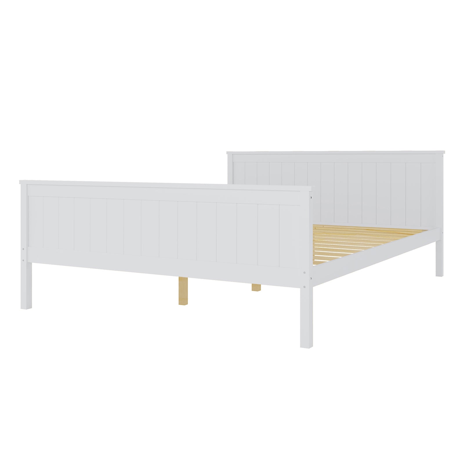 Tertia Solid Pine Timber Bed Frame Queen, showcasing a close-up of the robust wooden frame and engineered slats, highlighting its durable construction and elegant white design, perfect for enhancing bedroom aesthetics.