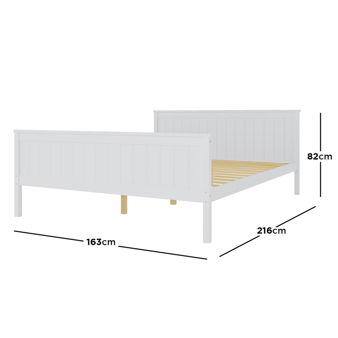 Close-up of the Tertia Solid Pine Timber Bed Frame Queen, showcasing its solid pine construction and engineered wooden slats, emphasizing its sturdy design and dimensions suitable for a comfortable sleep experience.