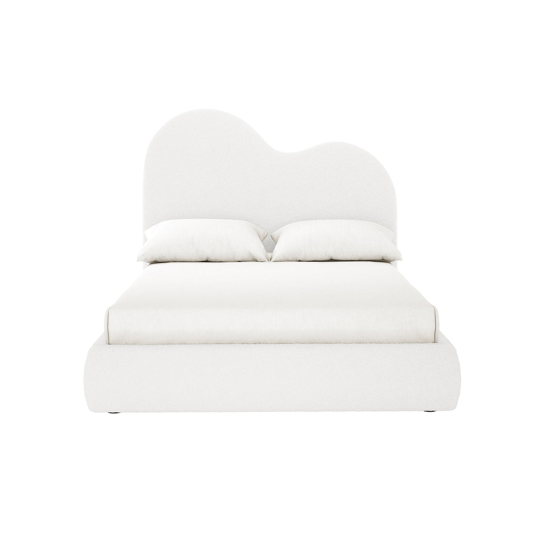 Thales Double Curved Boucle Fabric Bed Frame in Cream White features a cloud-shaped headboard and thick base, topped with a mattress and two pillows, showcasing a modern, elegant design.
