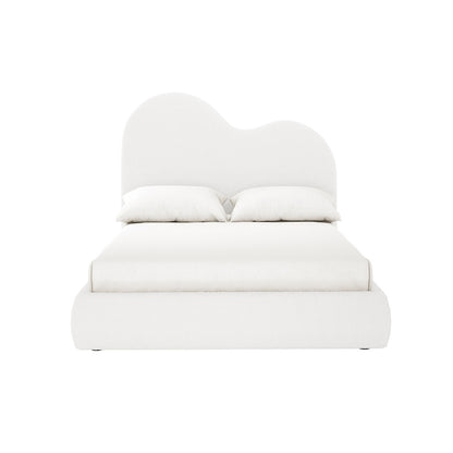 Thales Double Curved Boucle Fabric Bed Frame in Cream White features a cloud-shaped headboard and thick base, topped with a mattress and two pillows, showcasing a modern, elegant design.