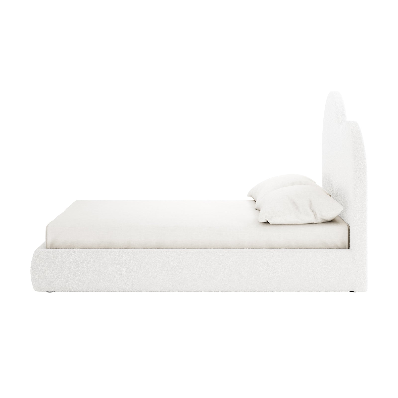 Thales Double Curved Boucle Fabric Bed Frame in Cream White, featuring a cloud-like curved headboard, upholstered in boucle fabric, with a simple rectangular platform and matching fitted mattress and pillows.