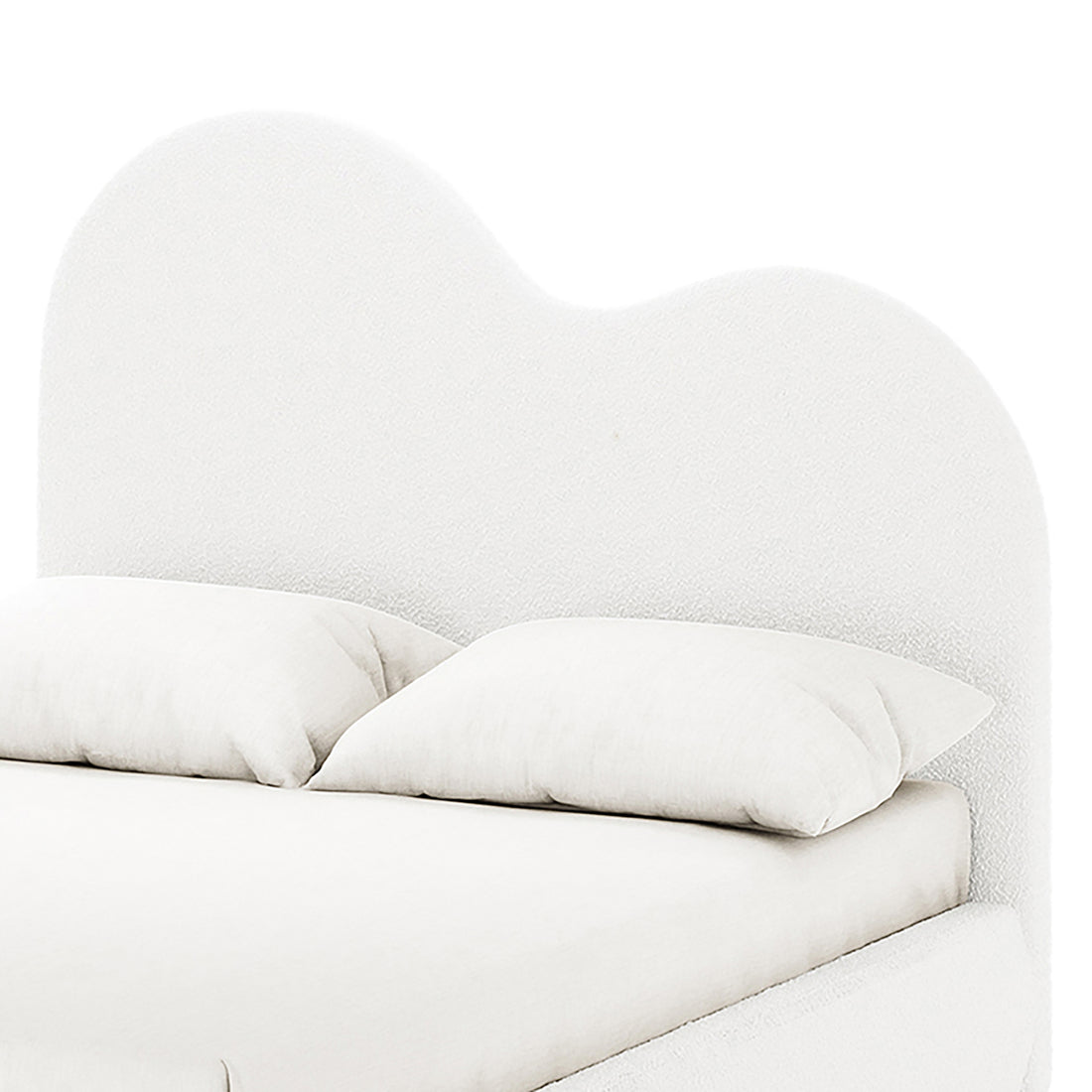 Thales Double Curved Boucle Fabric Bed Frame in Cream White showcases a soft, cloud-shaped headboard with plush pillows, emphasizing its luxurious boucle upholstery and gently curved design for a sophisticated bedroom centerpiece.