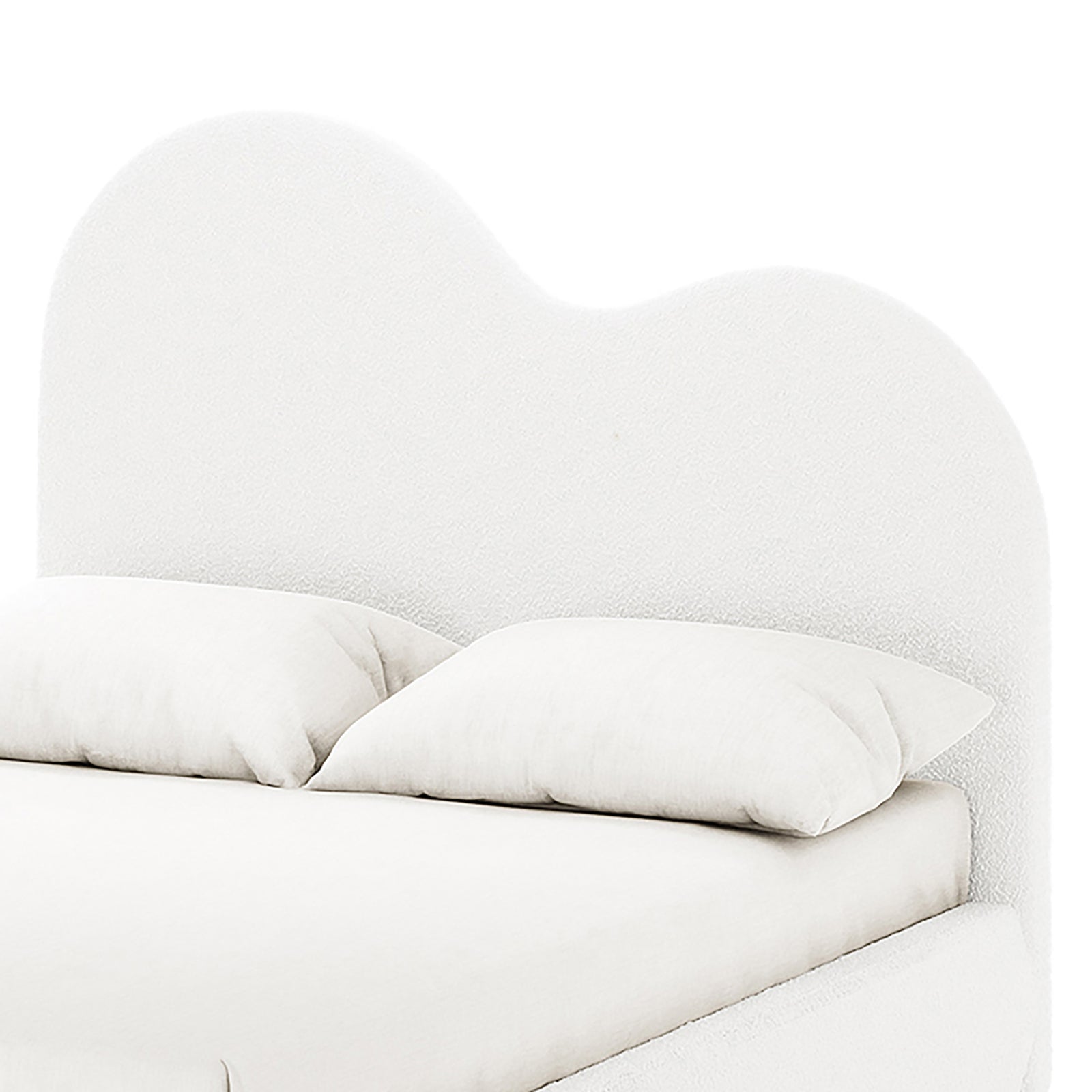 Thales Double Curved Boucle Fabric Bed Frame in Cream White showcases a soft, cloud-shaped headboard with plush pillows, emphasizing its luxurious boucle upholstery and gently curved design for a sophisticated bedroom centerpiece.