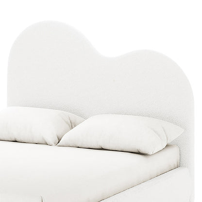 Thales Double Curved Boucle Fabric Bed Frame in Cream White showcases a soft, cloud-shaped headboard with plush pillows, emphasizing its luxurious boucle upholstery and gently curved design for a sophisticated bedroom centerpiece.