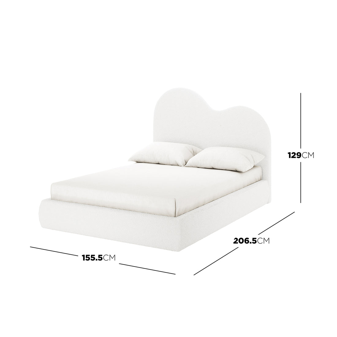 Thales Double Curved Boucle Fabric Bed Frame in Cream White, featuring a rounded-cloud headboard and low-profile upholstered frame, with dimensions: 155.5 cm wide, 206.5 cm deep, 129 cm tall.