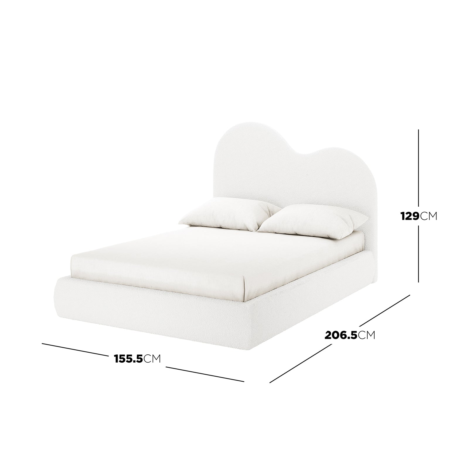 Thales Double Curved Boucle Fabric Bed Frame in Cream White, featuring a rounded-cloud headboard and low-profile upholstered frame, with dimensions: 155.5 cm wide, 206.5 cm deep, 129 cm tall.