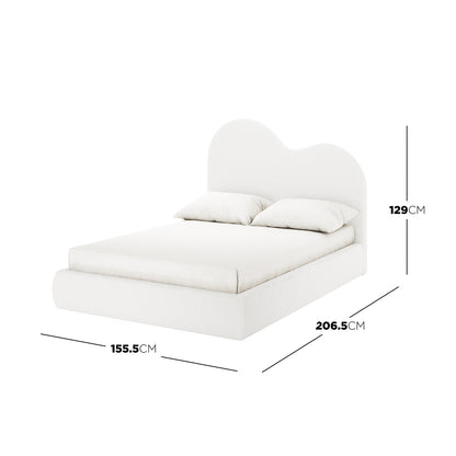 Thales Double Curved Boucle Fabric Bed Frame in Cream White, featuring a rounded-cloud headboard and low-profile upholstered frame, with dimensions: 155.5 cm wide, 206.5 cm deep, 129 cm tall.
