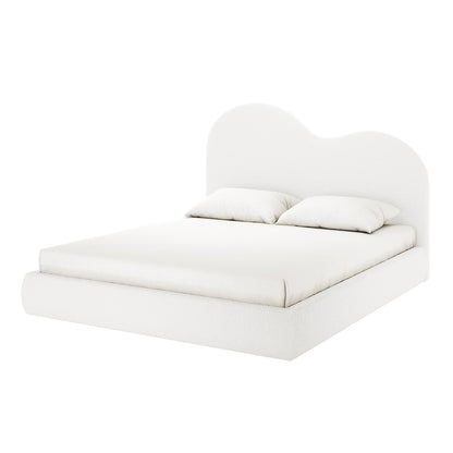 Thales King Curved Boucle Fabric Bed Frame in Cream White, featuring a softly curved headboard and low platform, upholstered in light fabric with matching pillows, showcasing modern minimalist design.
