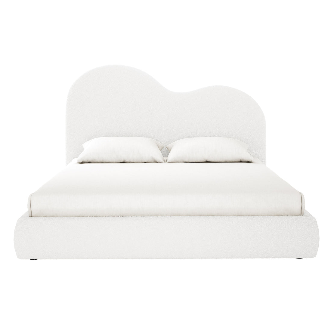 Thales King Curved Boucle Fabric Bed Frame in Cream White features a curvy, cloud-like headboard and matching base, upholstered in soft white fabric for a minimal, modern look with plush allure.