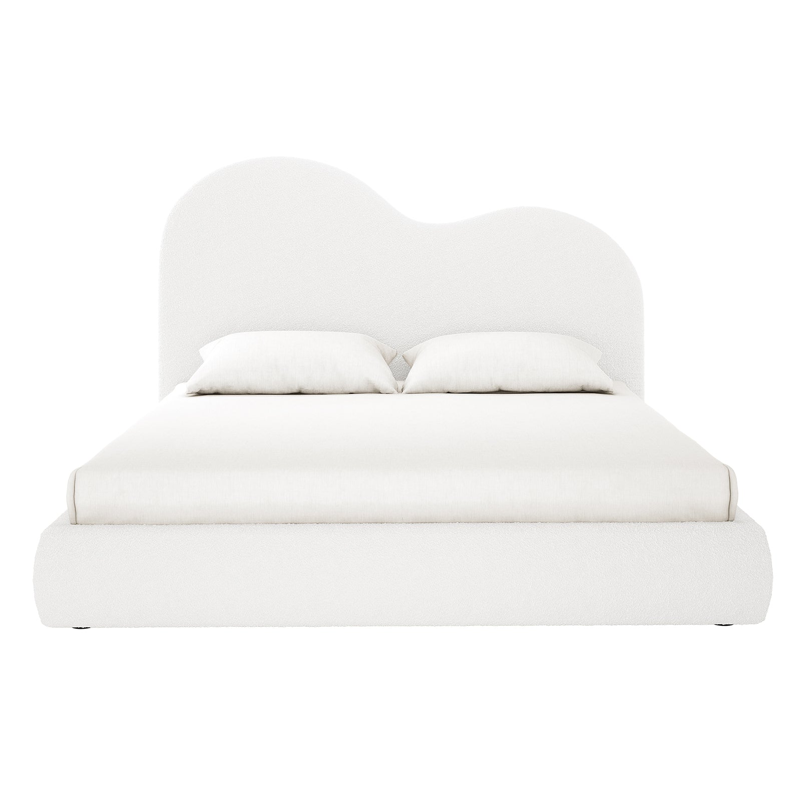 Thales King Curved Boucle Fabric Bed Frame in Cream White features a curvy, cloud-like headboard and matching base, upholstered in soft white fabric for a minimal, modern look with plush allure.