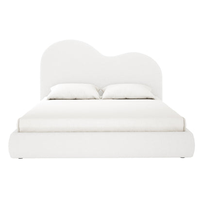 Thales King Curved Boucle Fabric Bed Frame in Cream White features a curvy, cloud-like headboard and matching base, upholstered in soft white fabric for a minimal, modern look with plush allure.
