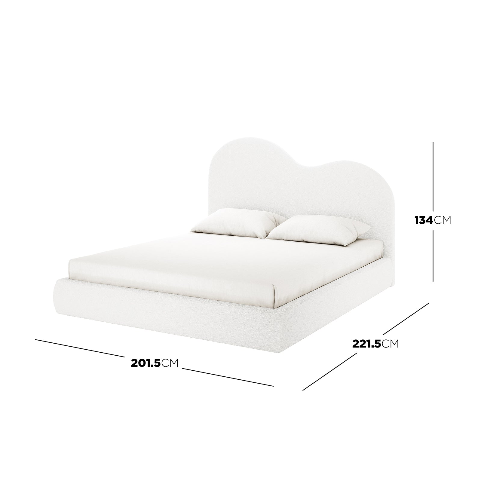 Thales King Curved Boucle Fabric Bed Frame in Cream White, features a cloud-style headboard, upholstered in boucle. Dimensions: 201.5cm width, 221.5cm depth, 134cm height; includes mattress and pillows.