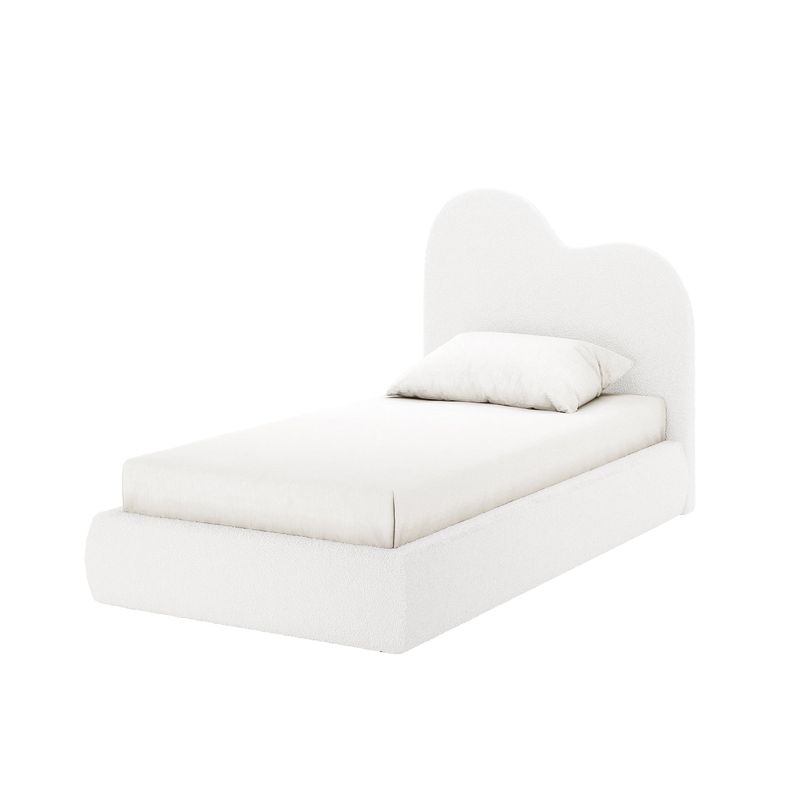 Thales Single Curved Boucle Fabric Bed Frame in Cream White showcases a low-profile platform, elegantly curved headboard, and a uniform white finish, emphasizing modern simplicity and comfort.