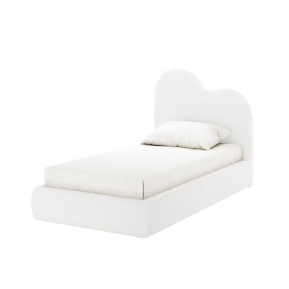 Thales Single Curved Boucle Fabric Bed Frame in Cream White showcases a low-profile platform, elegantly curved headboard, and a uniform white finish, emphasizing modern simplicity and comfort.